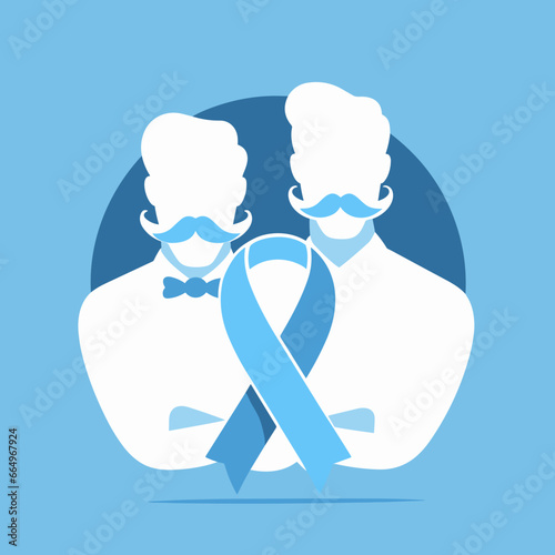 Two men with mustaches behind the ribbon symbolize men's cancer awareness. Light blue background, white silhouette men. Movember. Man's health. Men support.