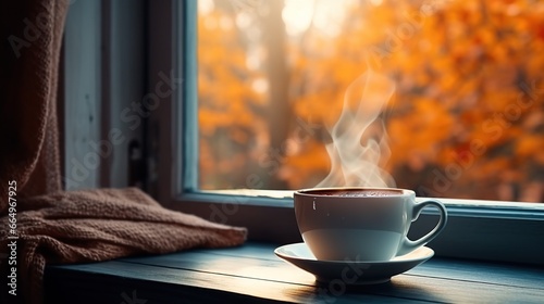 Cup of hot autumn coffee or tea on the window. Living in Hygge style. Hot drink in cold autumn fall weather halloween