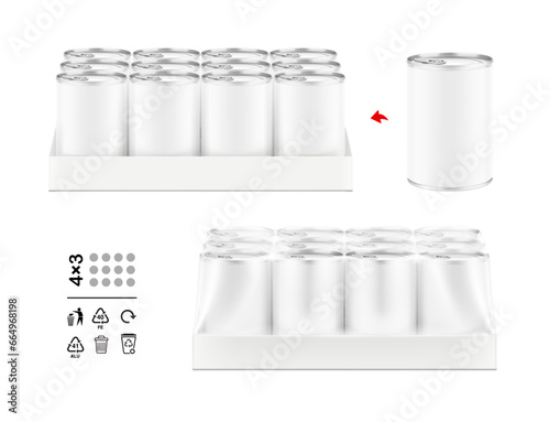 Hight realistic multipack 4x3 can with easy-open lid mockup. Vector illustration isolated on white background. Easy to use for presentation your product, idea, design. EPS10.