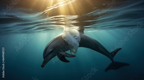 dolphin and plastic bags in Ocean, worldwide ocean pollution photo