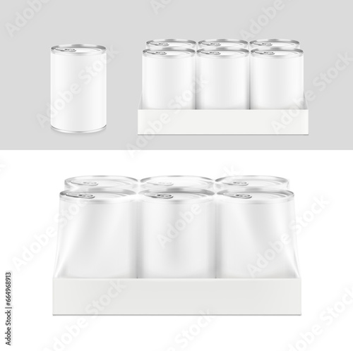 Hight realistic multipack 3x2 can with easy-open lid mockup. Vector illustration isolated on grey background. Easy to use for presentation your product, idea, design. EPS10.