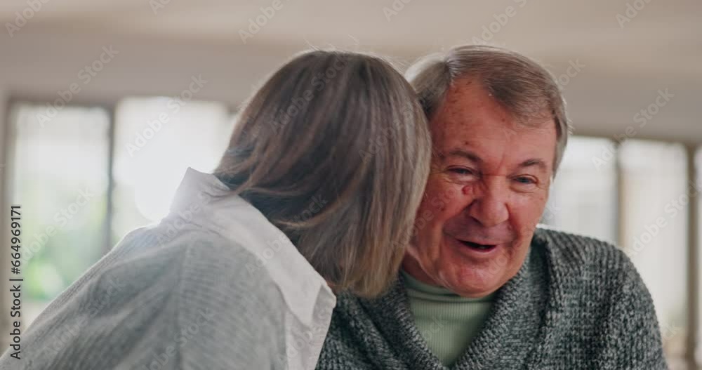 Senior, couple and laugh with hug, kiss and romance for happiness, love and care in home or apartment. Elderly, man and woman with embrace and fun in house with freedom, relax and wellbeing for trust Senior, couple and laugh with hug, kiss and romance for happiness, love and care in home or apartment. Elderly, man and woman with embrace and fun in house with freedom, relax and wellbeing for trust