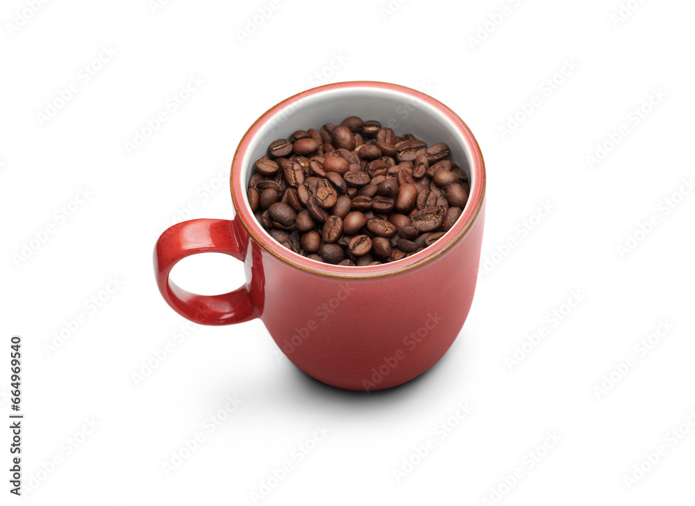 A red coffee mug the the handle pointing to the left with fresh roasted coffee beans for a fresh cup of coffee concept isolated against a transparent background. A red coffee mug the the handle pointing to the left with fresh roasted coffee beans for a fresh cup of coffee concept isolated against a transparent background.