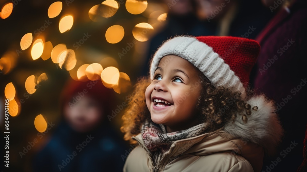 Children’s Christmas portrait outside. Decorated Christmas tree in snowy winter holidays outdoor. Happy children having fun.. Children’s Christmas portrait outside. Decorated Christmas tree in snowy winter holidays outdoor. Happy children having fun..