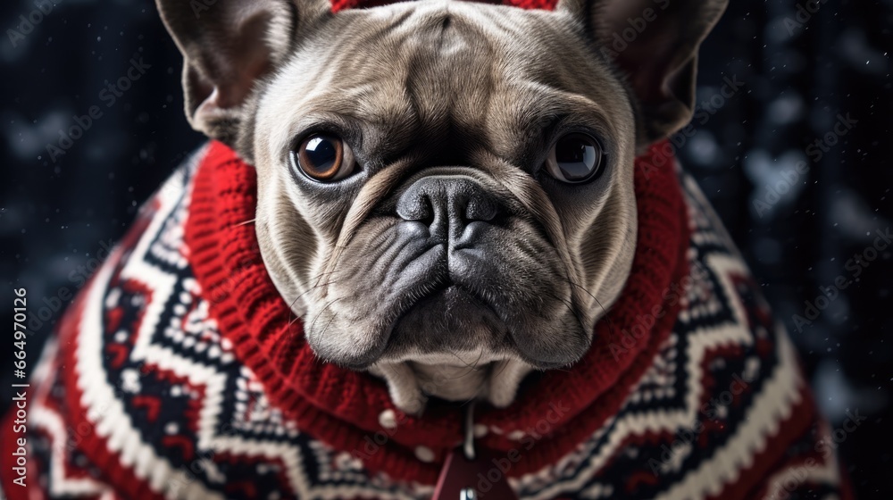 Cute French Bulldog wearing knitted Christmas sweater background. Funny dog puppy dressed up in warm costume in winter. Ugly Christmas Sweater Jumper Day concept.