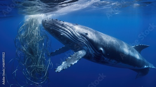 a whale entangled in fishing nets, worldwide ocean pollution