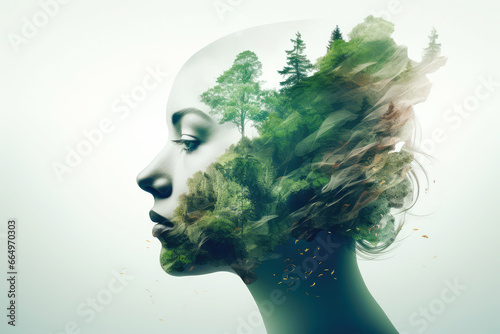 Double exposure of woman face with green forest in her hair, environmental concept © Faith Stock