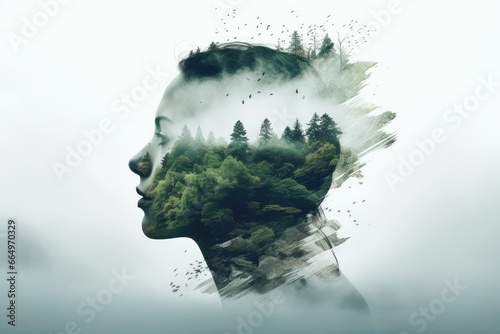 Double exposure of a woman's head with forest landscape in the background. © Faith Stock