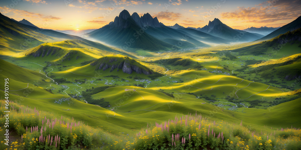 Beautiful summer mountain landscape at sunset. Illustration with mountains, trees, flowers, sky with clouds and setting sun. Green valley with forests, groves and small roads. Generative AI
