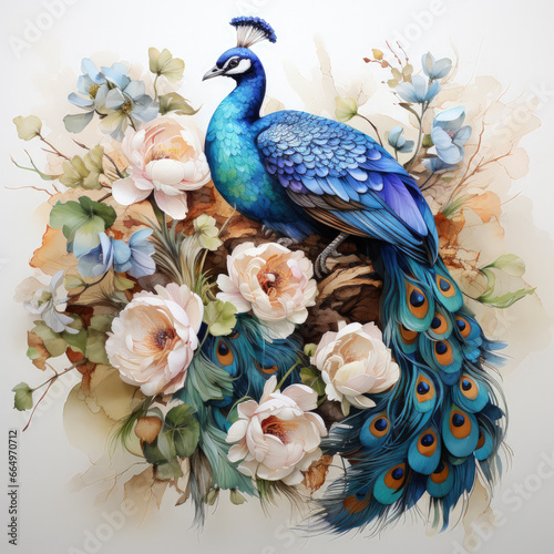 Watercolor Peacock bouquets Illustration, Generative Ai
