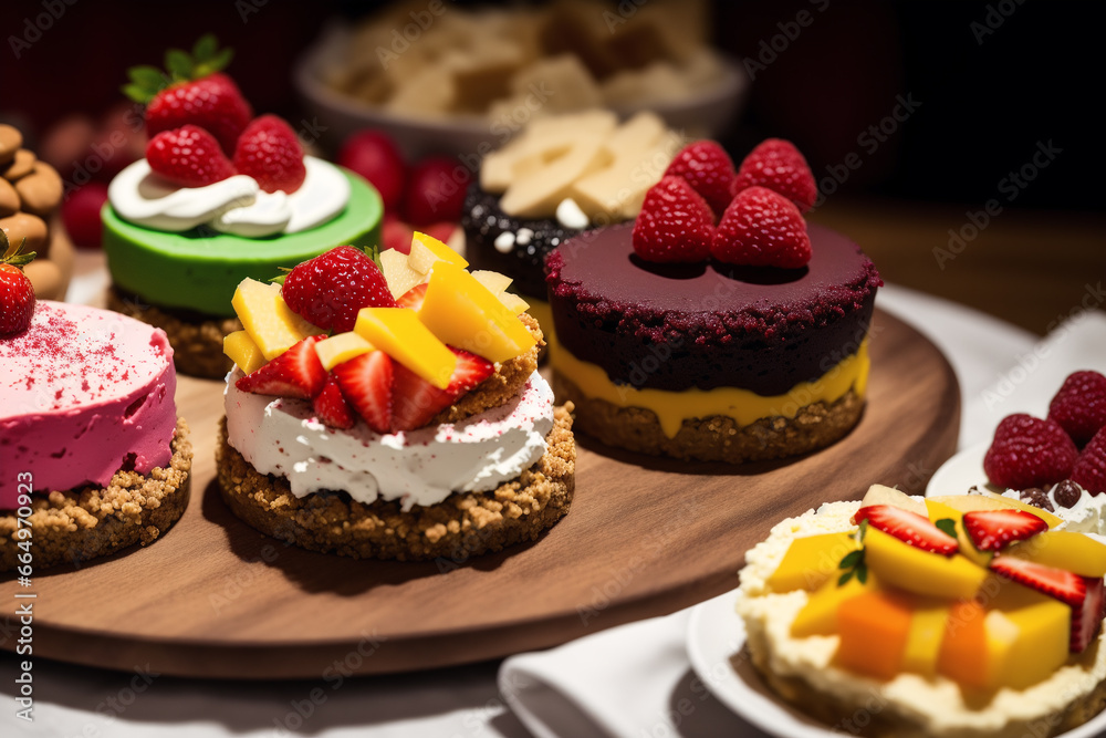 Assortment of cakes with different fillings on a wooden table. Homemade cake. Generative AI Assortment of cakes with different fillings on a wooden table. Homemade cake. Generative AI