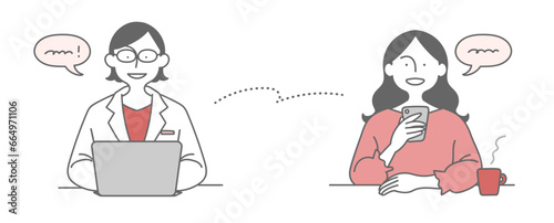 Illustration of woman receiving online medical treatment/オンライン診療を受ける女性のイラスト素材