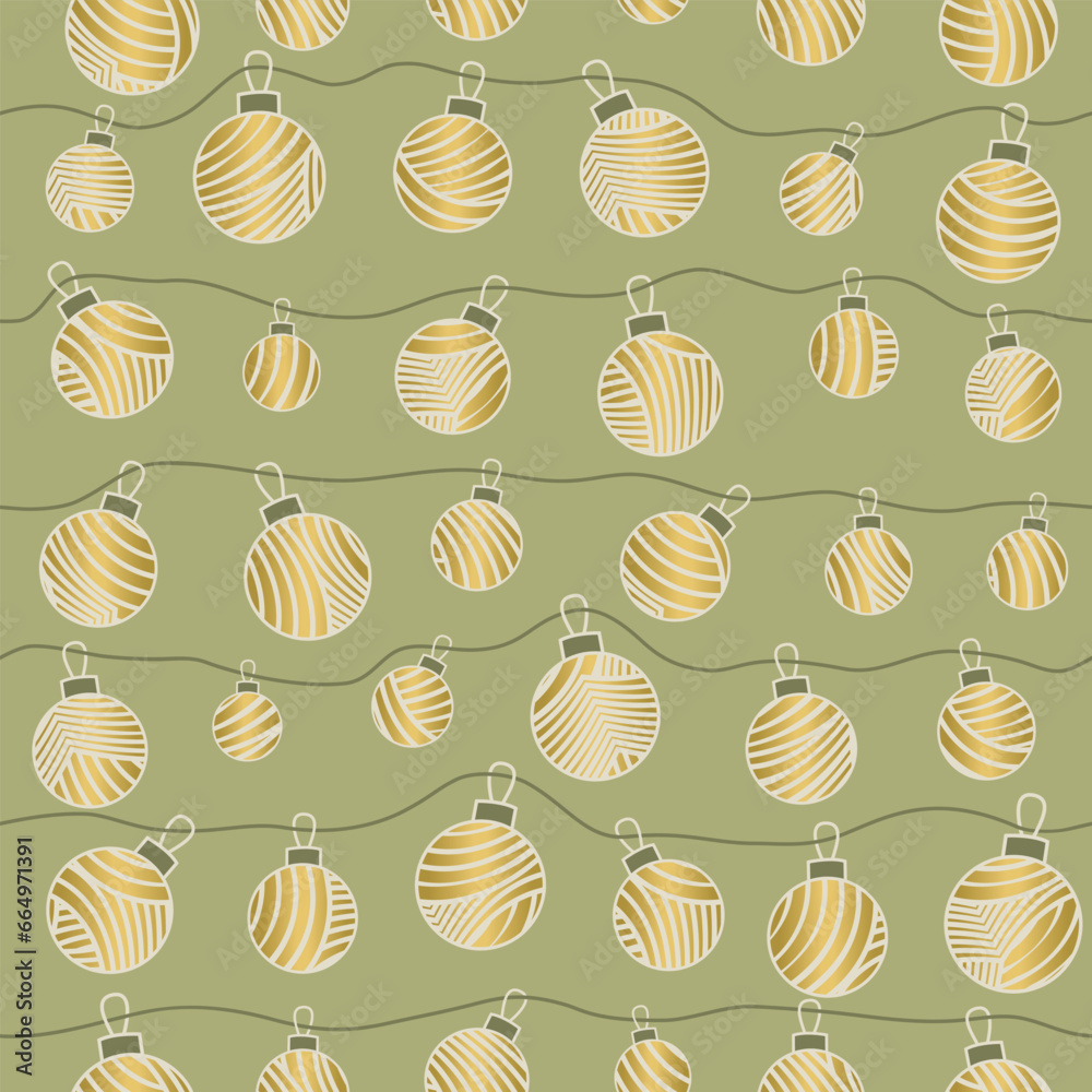 Winter holiday seamless pattern with golden decorated Christmas balls on strings on green background. Vector illustration design for prints, wrapping paper, postcards and textiles. Winter holiday seamless pattern with golden decorated Christmas balls on strings on green background. Vector illustration design for prints, wrapping paper, postcards and textiles.