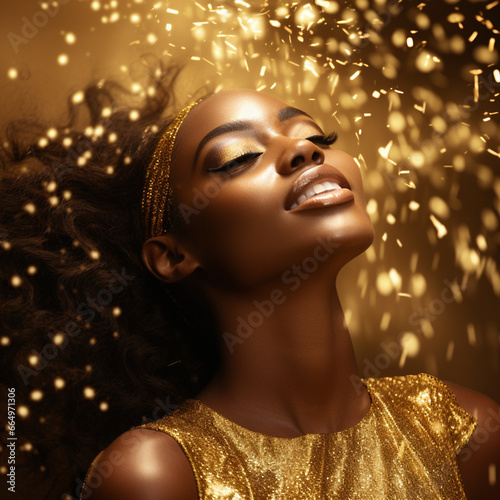 Beautiful African American young woman in an elegant evening dress with beautiful makeup and golden confetti and dust flying. AI generated