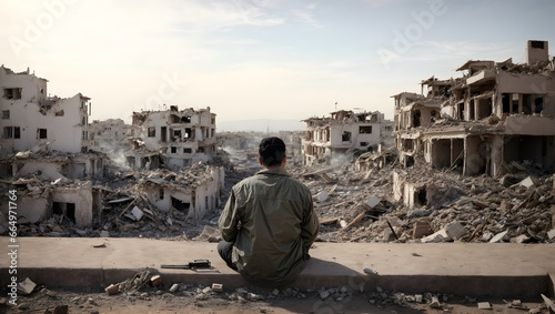 A silhouette of a man looking at the destroyed buildings