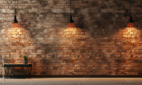 Brick wall, concrete floor and lamps background 3d render. photo