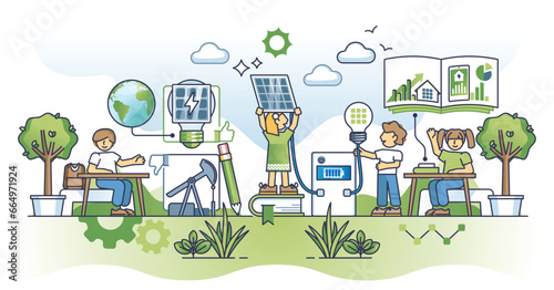 Solar education and awareness with green energy learning outline concept. Sun panel technology teaching for kids and children as sustainable and nature friendly future knowledge vector illustration.