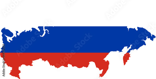 A contour map of Russia. Graphic illustration on a white background with the national flag superimposed on the country's borders