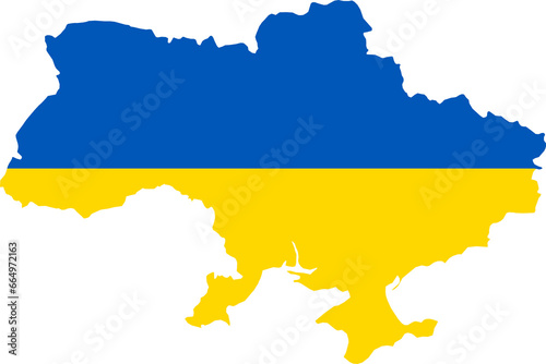 A contour map of Ukraine. Graphic illustration on a white background with the national flag superimposed on the country's borders photo