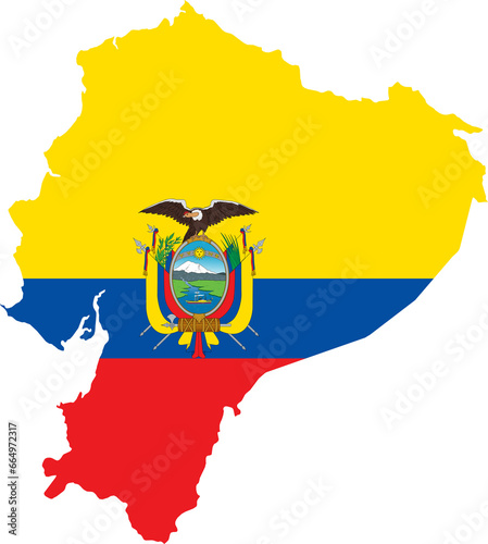 A contour map of Equator. Graphic illustration on a white background with the national flag superimposed on the country's borders