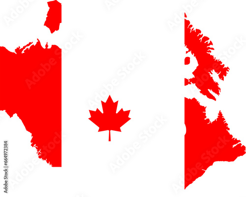 A contour map of Canada. Graphic illustration on a white background with the national flag superimposed on the country's borders