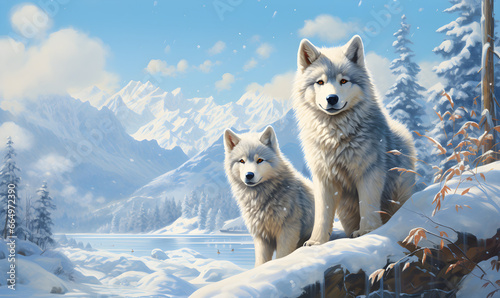 Cute Huskies Embracing Winter s Charm on a Sunny Snowy Day