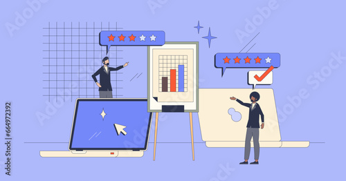 Split testing and different options in website retro tiny person concept. Website feedback comparison from multiple variations vector illustration. Customer satisfaction statistic research process.