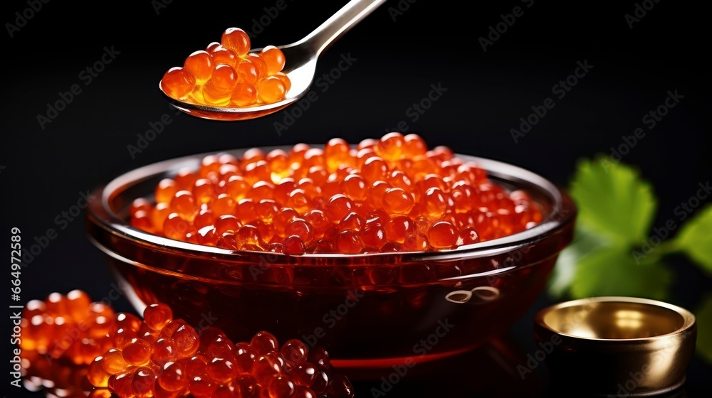Gourmet Delight. Red Caviar Gleaming on a Black Backdrop. Generative AI Gourmet Delight. Red Caviar Gleaming on a Black Backdrop. Generative AI