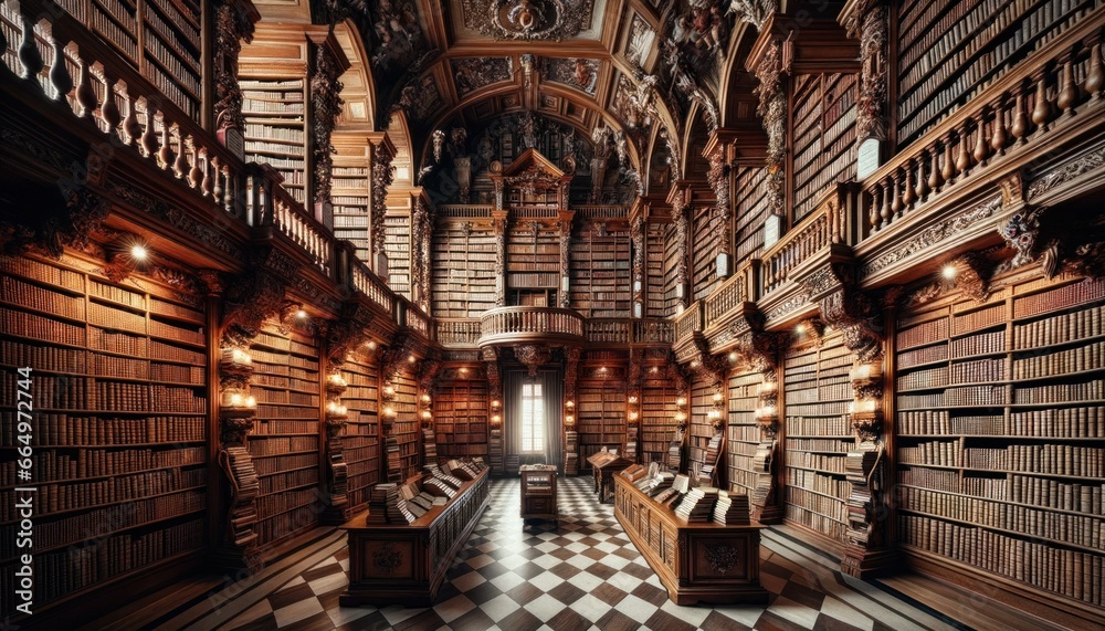 Ancient library with wooden shelves filled with old books, a rolling ladder, and dim lights.