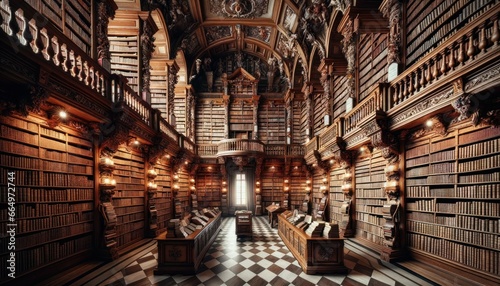 Ancient library with wooden shelves filled with old books  a rolling ladder  and dim lights.
