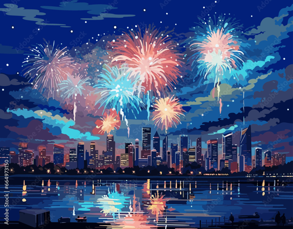 Fototapeta premium Multicolored fireworks burst over a modern cityscape, with serene harbor waters capturing their shimmering reflections