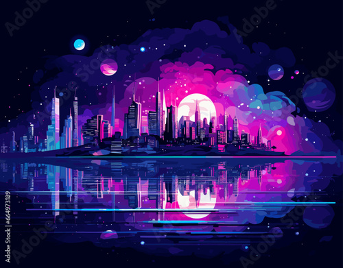 Mesmerizing cityscape under galaxy-filled sky bursts with radiant neon colors. Skyscrapers reflect in serene waters, while celestial bodies paint dreamy backdrop.