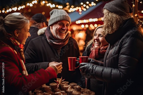 Group of people with mulled wine at a Christmas market.