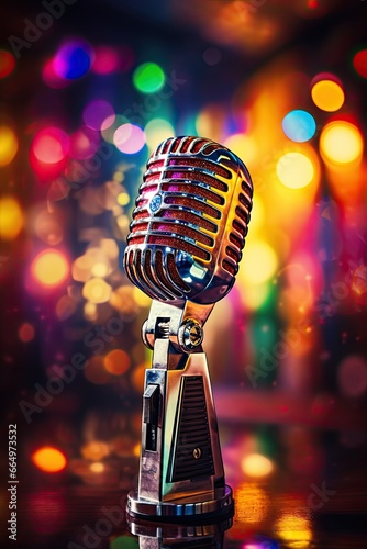 retro microphone on stage with coloured lights in background. karaoke concept