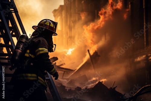 A firefighter facing a fire