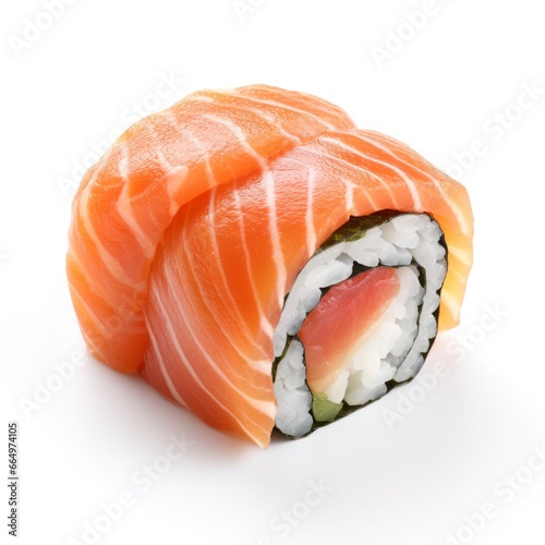 A sushi salmon on white background.