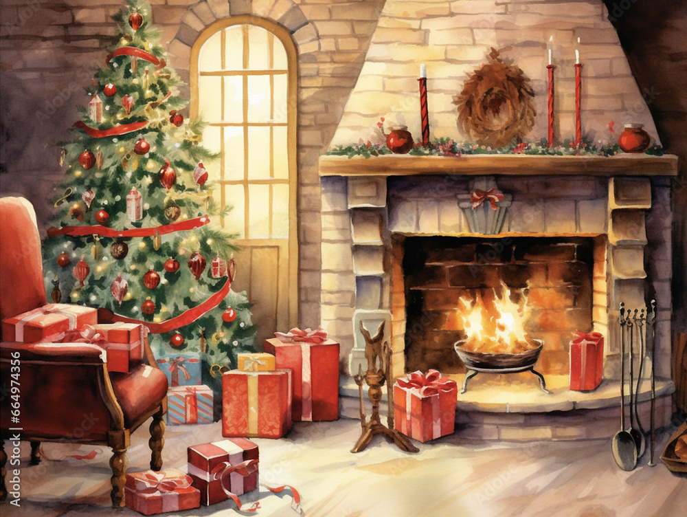 Christmas watercolor card in retro style. Living room with fireplace, Christmas tree beautifully decorated and gifts. AI generated