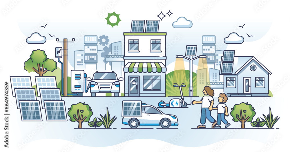 Solar energy revolution and sun panels development in city outline concept. Effective green power for urban city lighting, infrastructure, EV charging and electricity supply vector illustration. - obrazy, fototapety, plakaty 