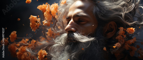 Meditation in der Natur: Blumen umgeben den Weisen photo