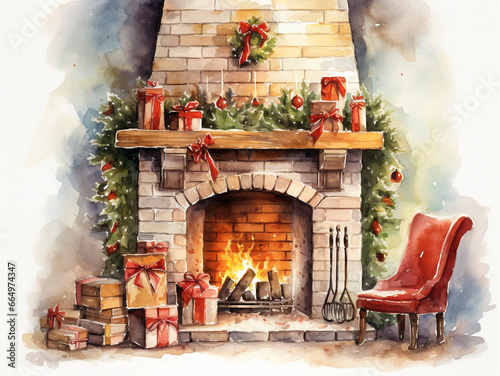 Christmas watercolor card in retro style. Living room with fireplace, Christmas tree beautifully decorated and gifts. AI generated