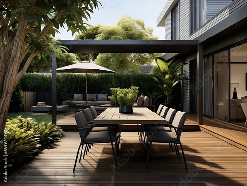 Modern terrace with large dining table and wooden floor in front of house generative ai © tanjidvect