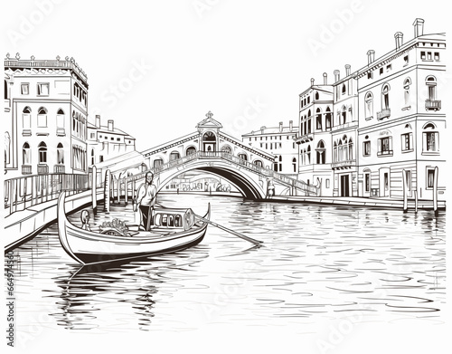 Venices eternal essence is captured in this monochromatic illustration. Intricate detailing of historic buildings, balconies, and windows overlook a tranquil canal. A beautifully adorned gondola