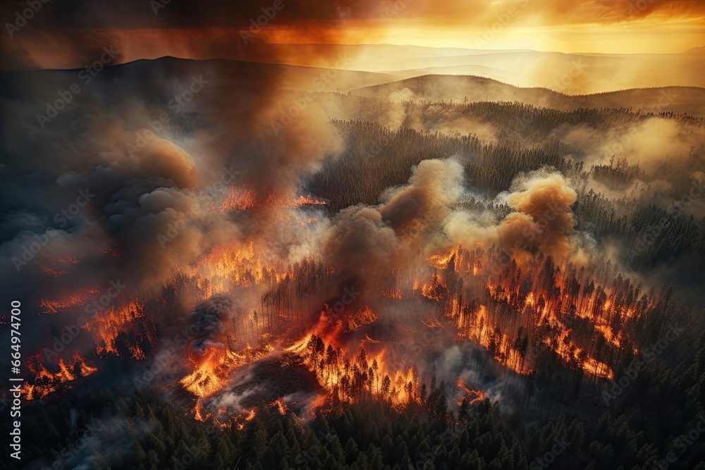 Aerial view of a burning forest. Wildfire, global warming and climate change concept.