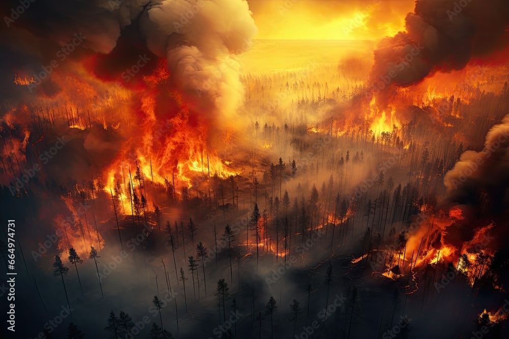Aerial view of a burning forest. Wildfire, global warming and climate change concept. Aerial view of a burning forest. Wildfire, global warming and climate change concept.
