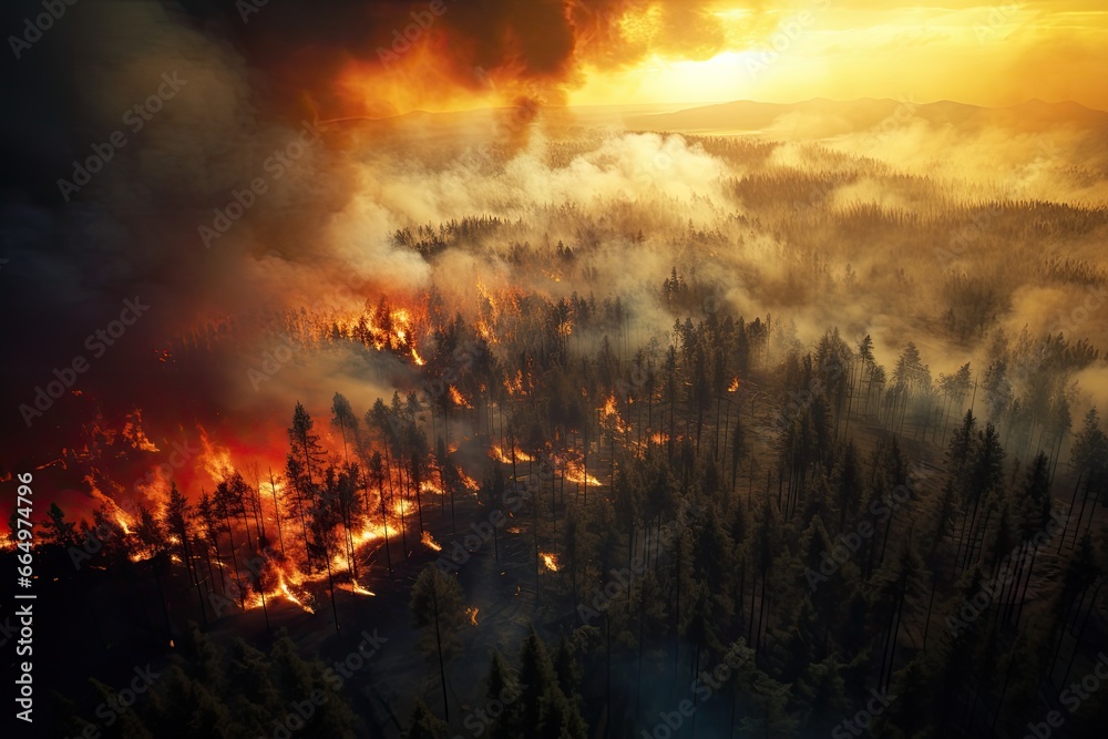 Aerial view of a burning forest. Wildfire, global warming and climate change concept.