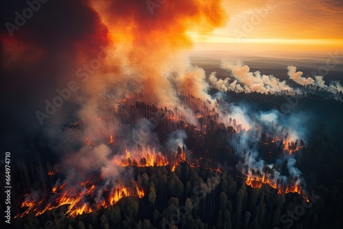 Aerial view of a burning forest. Wildfire  global warming and climate change concept.