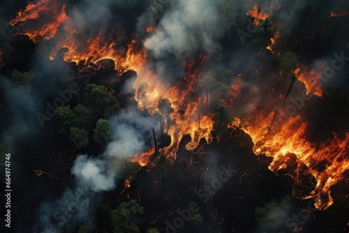 Aerial view of a burning forest. Wildfire  global warming and climate change concept.