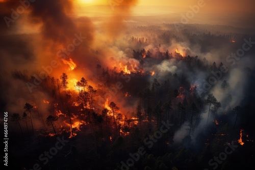 Aerial view of a burning forest. Wildfire, global warming and climate change concept.