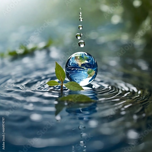 Water drop touching Earth's surface, symbolizing global interconnectedness and the need for water conservation. 