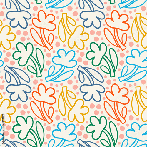 Modern floral seamless pattern. Vector hand drawn background with flowers. Colorful repeatable backdrop for surface design